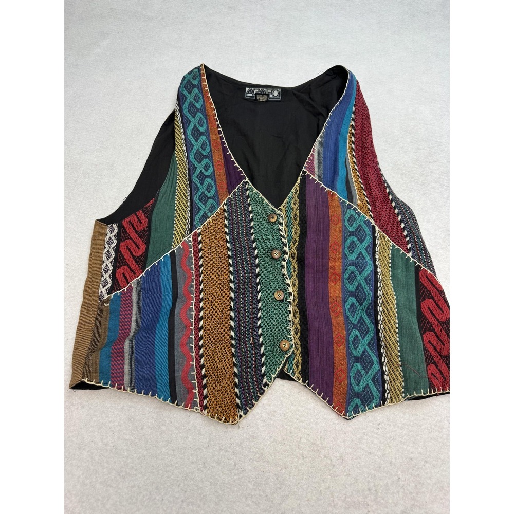 AGAPO Collection Vest Womens 3XL Multicolor Boho Striped Button Embroidered Line